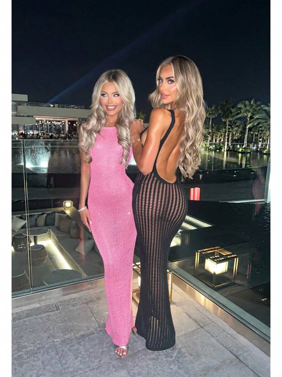 New Beach Blouse Casual Solid Color Split Halter Knitted Suspender Dress - 黑色 - 查看 1