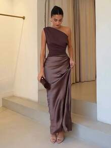 Vestido de satén de unicolor con escote en V, espalda descubierta, recorte de volantes asimétrico/asimétrico, elegante para fiesta, boda/playa, nuevo 2025