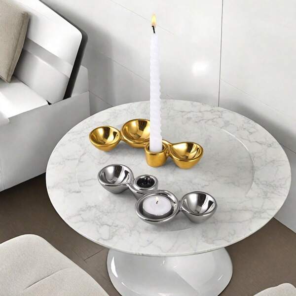 1PC Modern Golden Ceramic Candle Holder Decoration, Suitable For Living Room, Dining Table, Wedding Decoration Candle Holder, Artistic Circular Silver Four Hole Candle Holder Home Decoration Crafts, Centerpieces