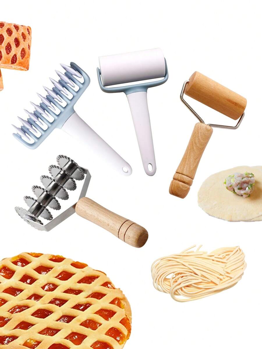 1 pieza Rodillo multiusos de plástico, rodillo para masa de plástico, cortador de pasta de acero inoxidable de 6 ruedas, rodillo de madera, rodillo de haya, rodillo para masa de pizza, utensilios de cocción, accesorios de cocina
