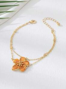 1 pieza Tobillera multicapa simple y elegante con flor naranja, adecuada para el verano, la playa o el uso diario (la cantidad de cuentas puede variar debido al trabajo artesanal, la longitud se mantiene consistente)