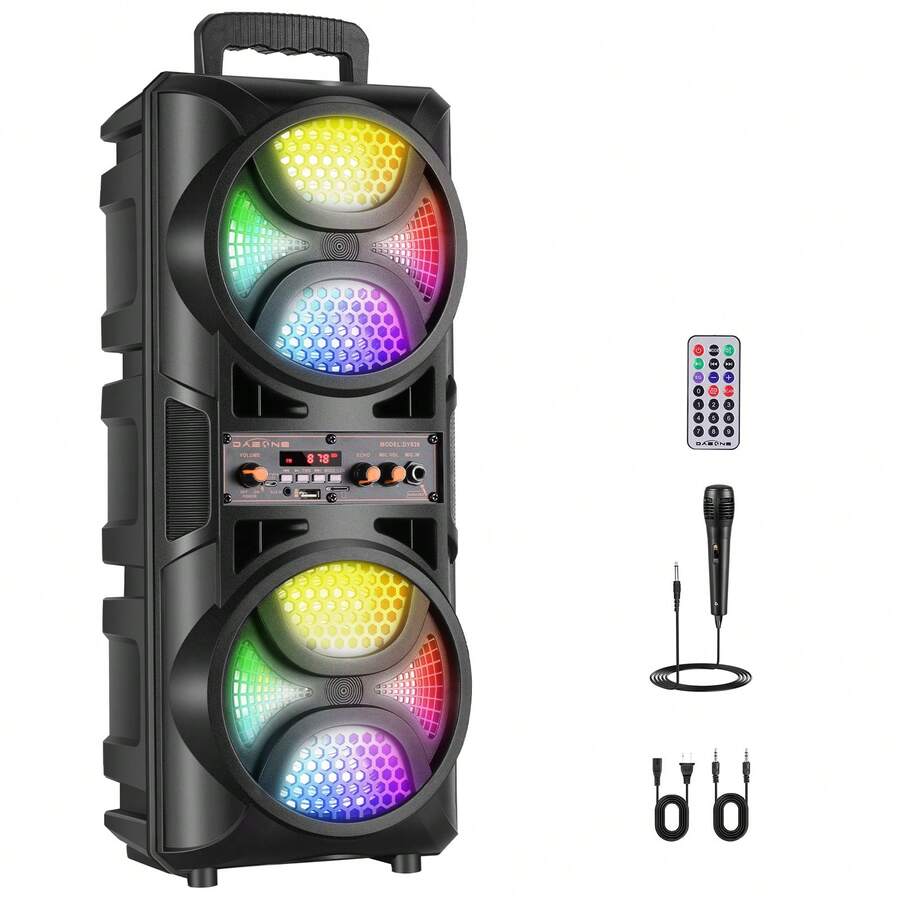 Hanstore Bluetooth Speaker Loud Wireless With Microphones, Portable PA System Large Party Speaker With Lights, Karaoke Machine For Adults/Kids, Support Remote, FM, TWS, AUX, USB For Garden Home Outdoor