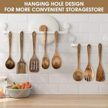 Elegante juego de vajilla de madera - Herramientas de cocina con estilo para cocinar y servir, perfecto como regalo para el Día de la Madre, Acción de Gracias, Halloween, Pascua, Navidad, artículos esenciales de cocina para días festivos | Cucharas de madera de moda | Utensilios de cocina resistentes, regalos de Halloween - Marrón - Ver 2