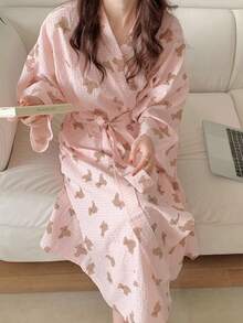 Women's Cartoon Cute Bear Printed Long Sleeve Robe / Pajamas Set, Comfortable Home Wear For Spring & Autumn Back To School - Dark Purple Edging - View 4