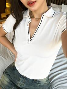 Playera camiseta polo dama mujer cuello tejido deportivo raya contraste manga corta puños contraste tejido acanalado escote V ajustado comodo ligero fresco verano - Hueso - Ver 3