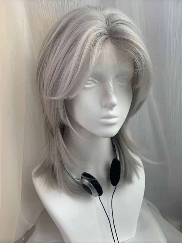 Synthetic Forehead Lace Silver-Gray Middle-Parted Short Straight Wolf Tail Mullet Head Neutral Layered Universal Cos Daily Fluffy High Temperature Heat-Resistant Wig Suitable For Men And Women Daily Styling