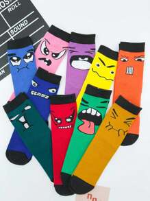 3 Pairs Random Color Block Funny Expression Street Fashion Mid-Calf Socks For Women, Style For Students And Couples