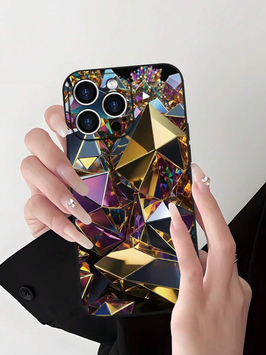 Glamorous Multicolored Geometric Prism - Fashionable, Popular, Personalized Pattern Design Theme Luxury Shockproof Aesthetic Cute Phone Case,Lens Protrusion Protection , Compatible With For IPhone 16/16Plus/16Pro/16ProMax, 15,14, 13, 12, 11 Series,Gift For Easter Day, Christmas Halloween Decoration/Gift For Birthday, Girlfriend, Boyfriend, Friend Or Yourself. - Black - View 1