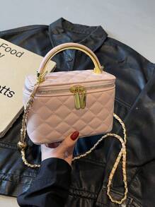 1 pieza Bolso de diseño tipo caja con patrón de rombo BEIKAMU, nuevo monedero y portalipstick, elegante y chic bolso de hombro cruzado con cadena