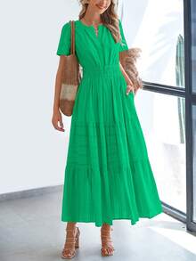 Womens Summer Maxi Dresses Short Sleeve High Waist Tiered Flowy A-Line Boho Bohemian Beach Long Dress Holiday Vacation Beach Valentine Long Dress Outfit - 亮綠色 - 查看 1