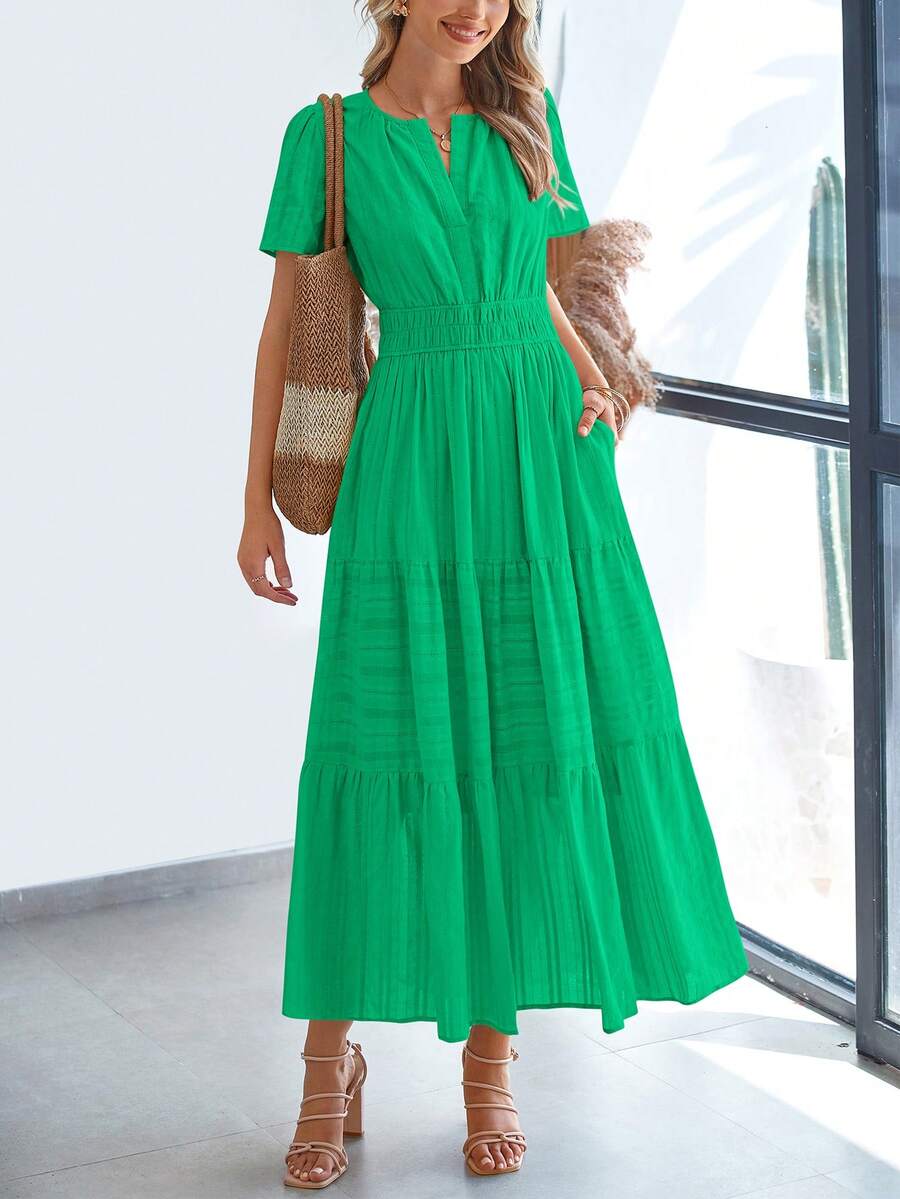Womens Summer Maxi Dresses Short Sleeve High Waist Tiered Flowy A-Line Boho Bohemian Beach Long Dress Holiday Vacation Beach Valentine Long Dress Outfit - 亮綠色 - 查看 1