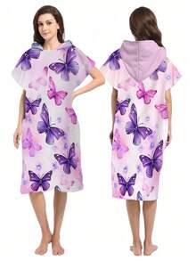 1pc Purple Butterfly Print Hooded Wearable Robe - Ultra-Soft Microfiber Purple Butterfly Pattern, Suitable For Boys, Girls, Couples - Beach And Home Decor, Couples Cloak | Microfiber Bathrobe Back To School - Multicolor - View 2