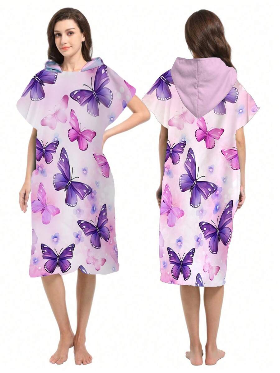 1pc Purple Butterfly Print Hooded Wearable Robe - Ultra-Soft Microfiber Purple Butterfly Pattern, Suitable For Boys, Girls, Couples - Beach And Home Decor, Couples Cloak | Microfiber Bathrobe Back To School
