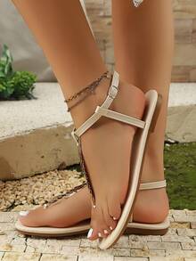 女款春夏新款優雅舒適波希米亞風串珠寶石腳趾帶平底涼鞋 度假風格 - 米色 - 查看 5