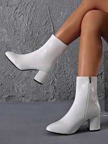 秋冬女式白色踝靴 - 封闭式鞋头粗跟踝靴，侧拉链，休闲切尔西短靴 - 白色 - 查看 5
