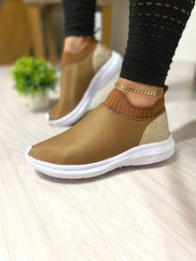 Women's Sneakers Easy-On Slip-On Flats Lightweight Breathable Lightweight Walking Gym Casual Work Simple Casual Geometric Fabric Vacation - 閃光/焦糖色 - 查看 4