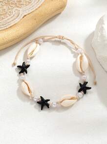 1 pièce Style bohémien de plage Bracelet de cheville tressé imperméable avec étoile de mer turquoise et fausses perles pour femmes, convient pour le port en vacances