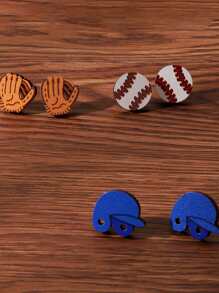 Set de 3 piezas Pendientes casuales con diseño de gorra de béisbol, casco y guante para mujeres y niñas como accesorio de joyería