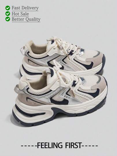 Beige Sneakers Shoes Women 2024 New Thick-Soled Sports Shoes For Women Comfortable And Fashionable Running Shoes Casual Sneakers Women Outdoor Shoes Ladies Shoes Breathable Mesh