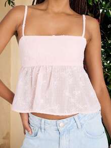 Women's Spaghetti Strap Ruffle Hem Peplum Cami Top Jacquard Camisole Floral Babydoll Top Going Out Streetwear