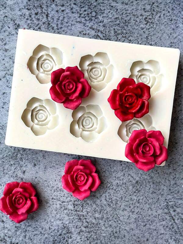 1PC 6-Hole Rose Shaped 3D Silicone Mold, Suitable For Scented Candles And Handmade Soap, Chocolate Mold, Flower Shaped Candy Mold, Fondant Mold, DIY Cake Decoration Tools, Baking Tools, Kitchen Gadgets, Kitchen Accessories, Home Kitchen Supplies