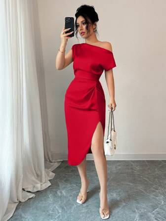 abyoxi Red Color Elegant Asymmetrical Neck Waist Handmade Pleated Sexy Satin Elegant Dress,Dating,Birthday Party&Wedding Guast&Homecoming&Back To School,New Women's Dresses