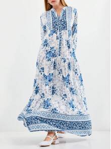 Women's Solid Color Tassel Tie-Front Lantern Sleeve Ruffle Hem Elegant Dress - Turquoise - View 3