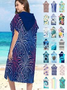 1pc Purple Firework Print Hooded Cape Wearable Robe - Soft Microfiber Firework Pattern Suitable For Boys, Girls, Couples - Beach & Home Decor, Couples Shawl | Microfiber Bathrobe Back To School - Multicolor - View 11