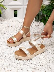 女士休闲纯色亚麻绳编织厚底凉鞋，波西米亚假日复古坡跟厚底凉鞋，帆布鞋底踝带坡跟凉鞋，春夏春假复活节鞋