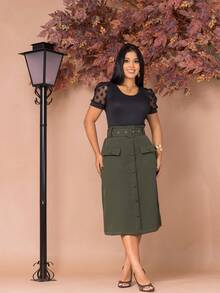 Women's Elegant Tailored Midi Skirt With Belt And Pocket Evangelical Fashion - 軍綠色 - 查看 7