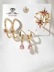 Kit Of 3 Earrings Studded With Zirconia Stone, Small Hoop, Heart Pendant, 18k Gold Plated And 925 Silver - 56 - 查看 1