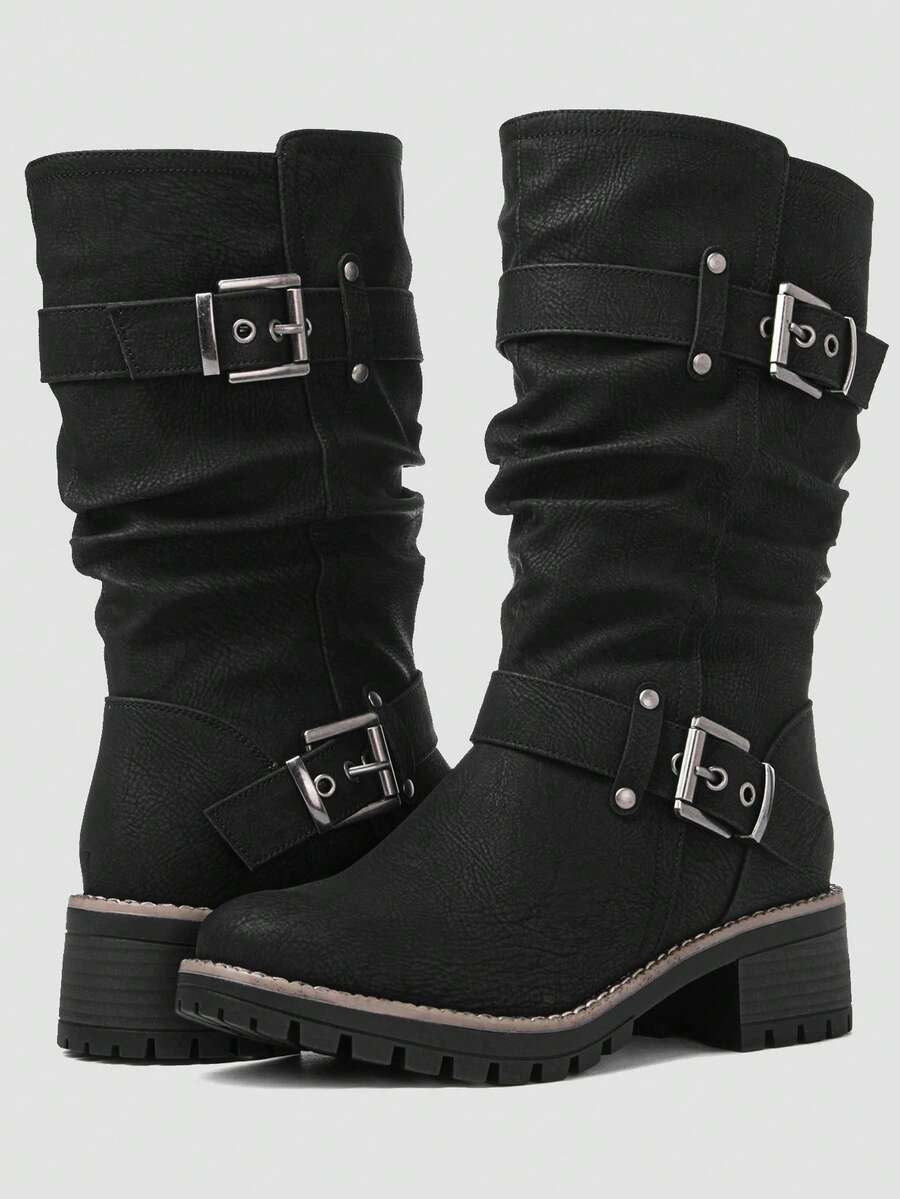 GLOBALWIN Women's Mid Calf Dress Boots Biker Motorcycle Riding Boots Women For Women Fall Boots Halloween Season - màu đen - Xem 1