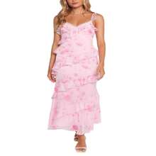 Women Floral Ruffle Maxi Dress Y2k Lace Tiered Spaghetti Strap Cami Long Dresses Flowy Summer Beach Sundress - 粉色 - 查看 1