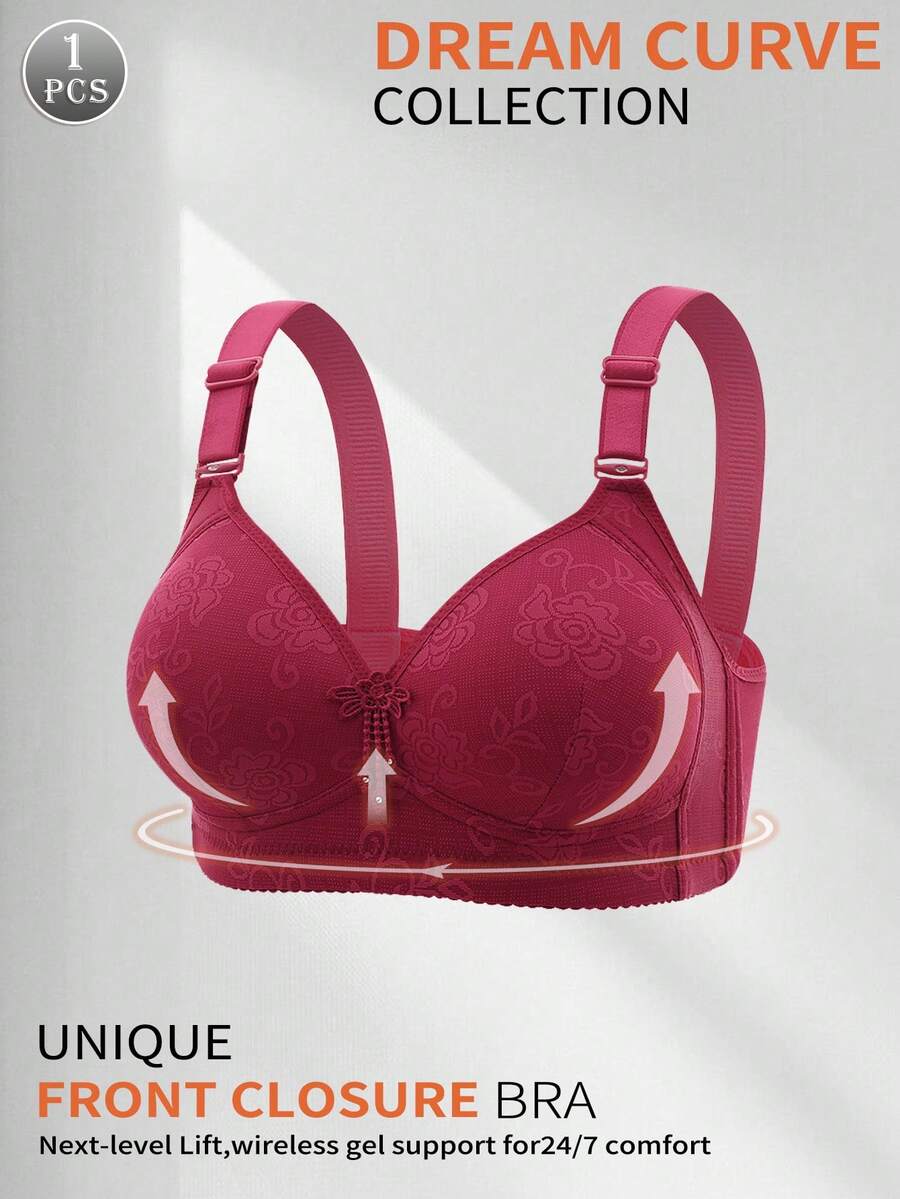 Sujetador sin costuras para mujer, sujetador de encaje floral de copa completa ajustable, ropa interior de mujer con tirantes con bordado de flores, sin almohadilla de pecho extraíble, cómodo y suave con tirantes anchos para dar forma y soporte, lencería moldeadora para comodidad y estilo - Rojo - Ver 1