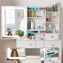 Specchio da trucco a LED in legno massello di lusso scandinavo bianco-crema in stile INS | Postazione di lavoro monoblocco + ampio cassetto portaoggetti | Area trucco da principessa femminile | Nel magazzino | Consegna veloce