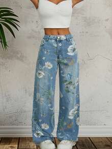 Stylish Floral Print Wide Leg Jeans For Women - Lightweight Mid Waist Denim Trousers - 藍色 - 查看 3