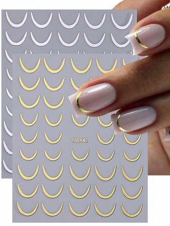 12 PCS Gold Silver French Design Line 3D Nails Stickers Metallic Curve Stripe Lines Swirl Self-Adhesive Decals Nail Decoration Manicure Accessories