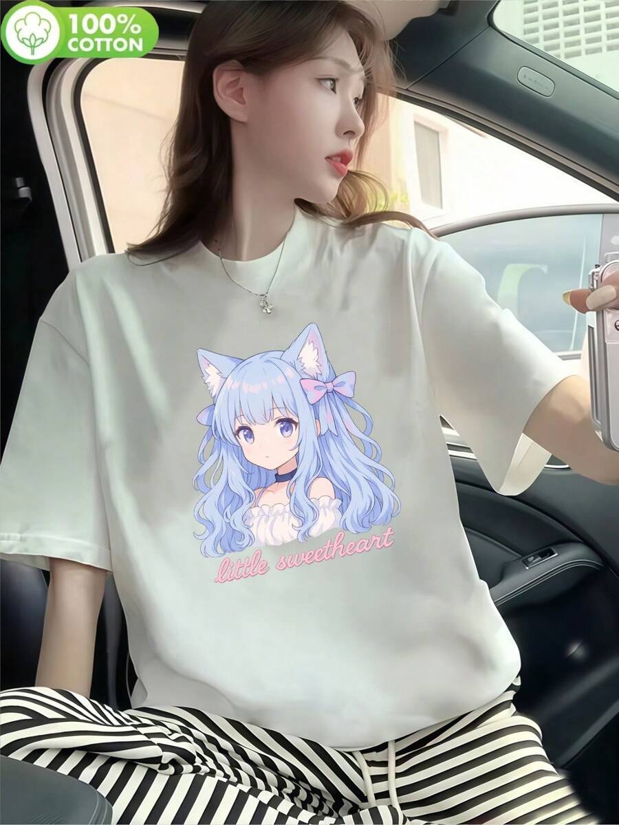 200g Pure Cotton T-Shirt 2025 Summer Ladies New Short Sleeve Pure Cotton Holiday Pattern Short Sleeve Round Neck Couple Wear Small Shirt Tops - 白色 - 查看 1