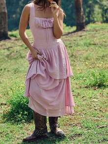 Women's Square Neck Smocked Maxi Dresses 2025 Summer Beach Sundress Casual Swing Ruffle Flowy Tiered Long Dress - Hồng - Xem 2