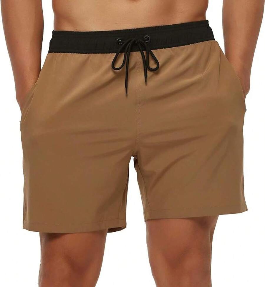 Shorts de baño para hombres de secado rápido con bolsillos con cremallera y forro de malla - Yd5#caqui - Ver 1