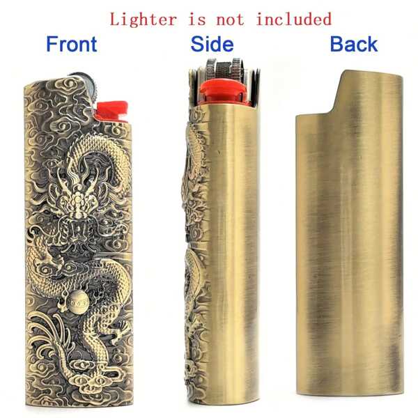 Boîtier de briquet doré avec relief de dragon, pour BIC J6 (briquet non inclus). Design métallique élégant avec motif de dragon complexe, facile à ranger, prise en main confortable. Cadeau parfait pour les pères.