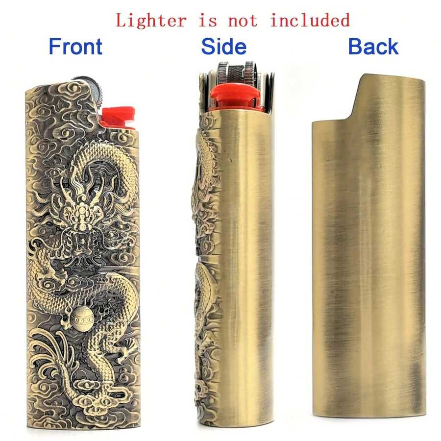 金龙浮雕打火机盒适用于 BIC J6（不含打火机），时尚金属设计，饰有复杂的龙纹，易于存放，握感舒适，是送给父亲的完美礼物