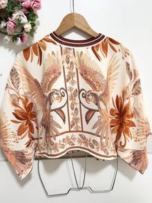 New Style Of High Neck Printed Blouse. - 珊瑚橙 - 查看 1