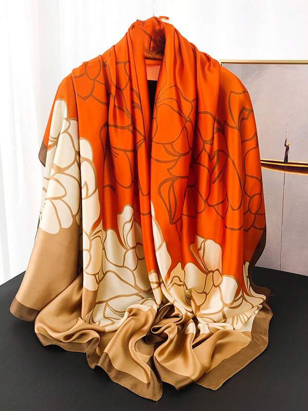 قطعة واحدة من وشاح الحرير المقلد الطباعة الوردة البرتقالي للنساء لوشاح الرأس والعنق لحفظ الدفء