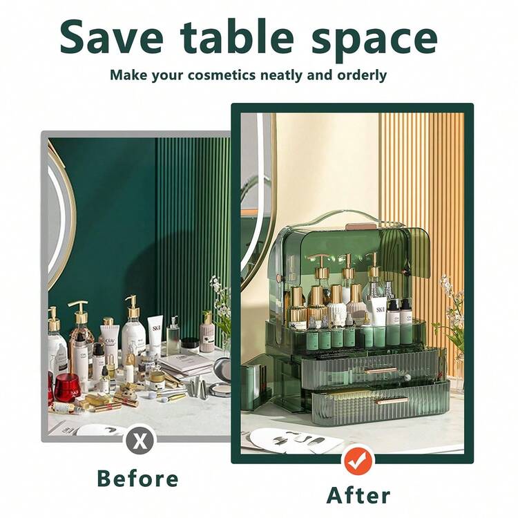 NetHong Cosmetics Storage Box With Lid And Handle Large Makeup Organizer Box Drawers For Skincare Display Cases Countertop, Bathroom - Translucent Green - View 6