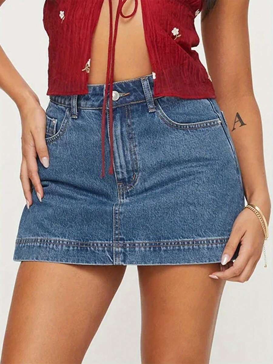 Women Summer Denim Skorts Casual Elegant Solid Color Elastic Mini Skirt For Beach Vacation Club Streetwear - 藍色 - 查看 1