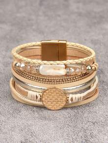 1pc Wide Faux Leather Gold Color With Random Zirconia Inlaid Bracelet, Everyday Wear, Gift For Girlfriend - Leather Bracelet - View 4