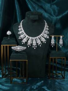 4pcs/Set Silver Color Cubic Zirconia Luxury Necklace, Earrings, Bracelet, Open Ring Party Jewelry Set For Women, Wedding & Banquet Wear