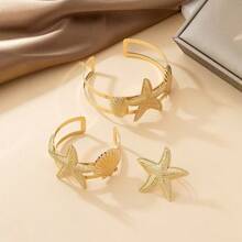 3 Peças Conjunto de Pulseira, Bracelete e Anel de Estilo Oceânico da Moda com Estrela do Mar e Concha, Presente para Mulheres, Adequado para Férias e Uso Diário