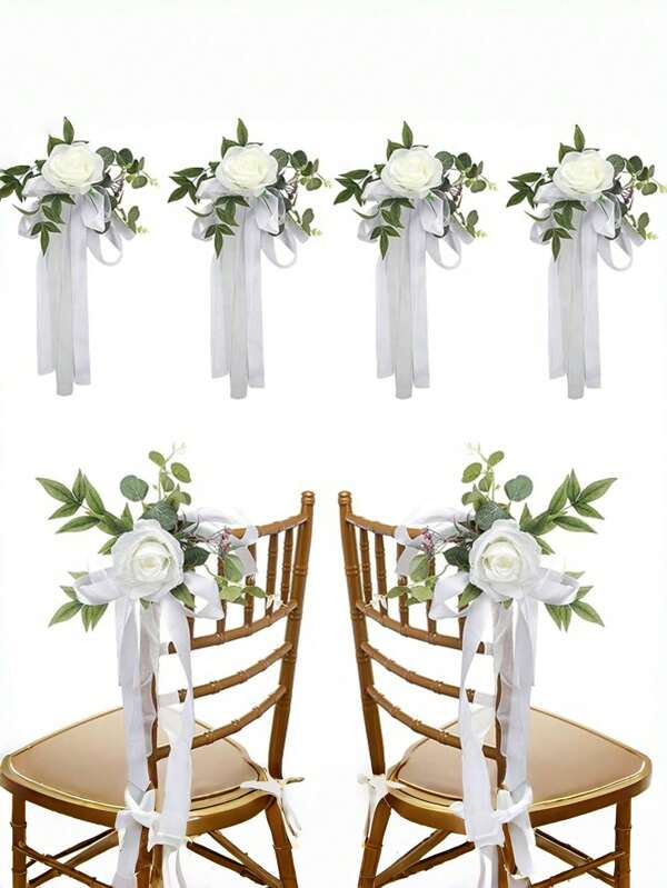 Set Of 8/4/2/1 Wedding Aisle Decorations Pew Flowers For Wedding Ceremony Party Chair Decor With Artificial Flowers Eucalyptus And Ribbons